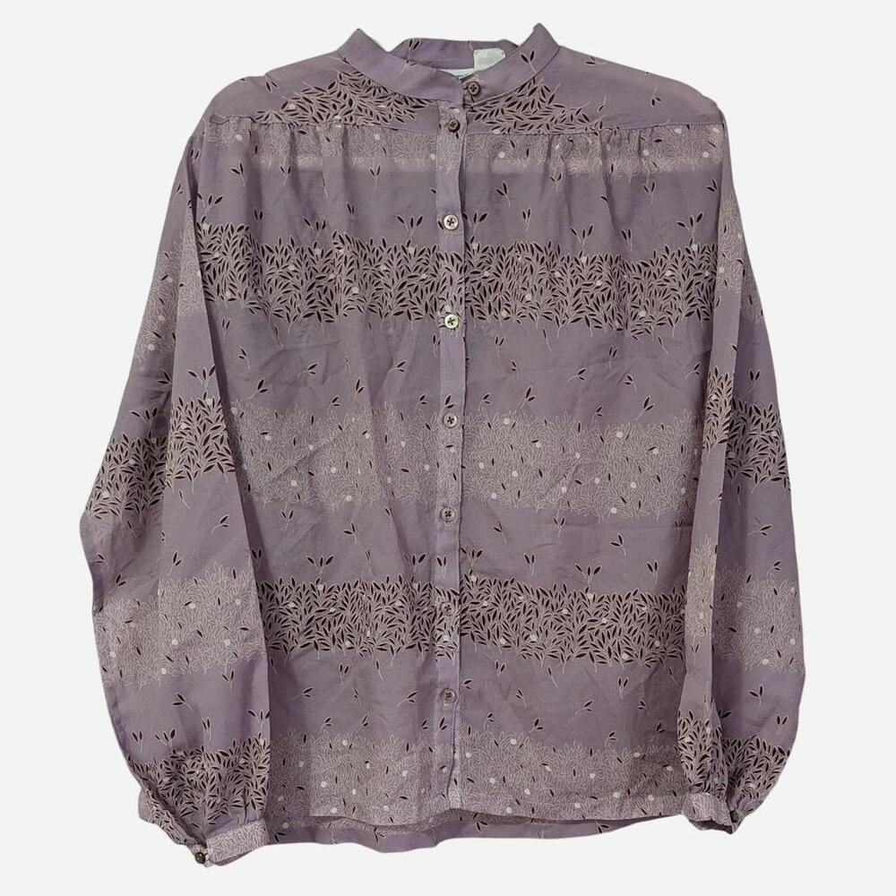 70s Lady Manhattan Lavender Botanical Print Blouse Band Collar Balloon Sleeve